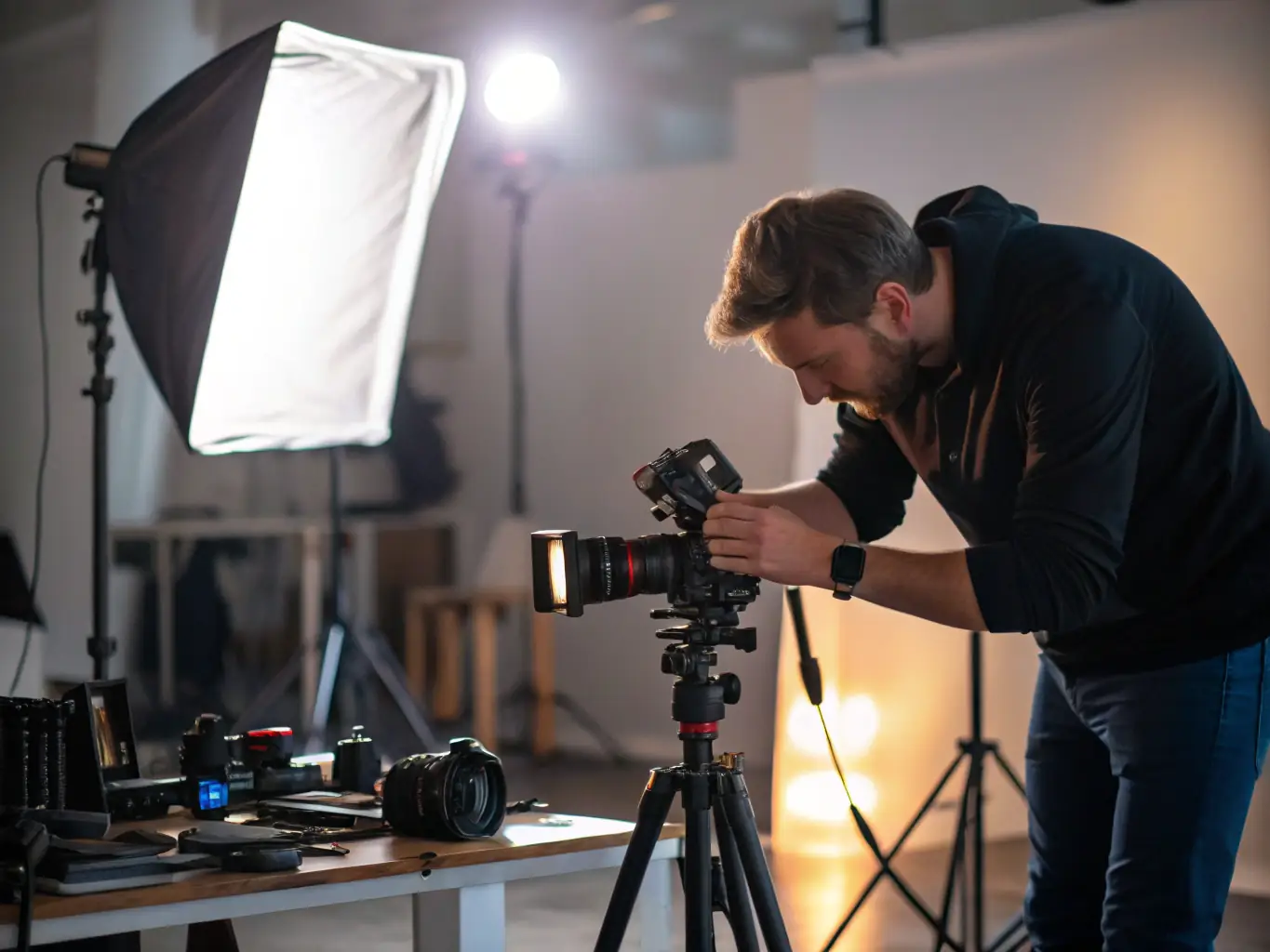 An image of a tech reviewer testing a new gadget in a studio setting, highlighting the detailed analysis provided in gadget reviews.